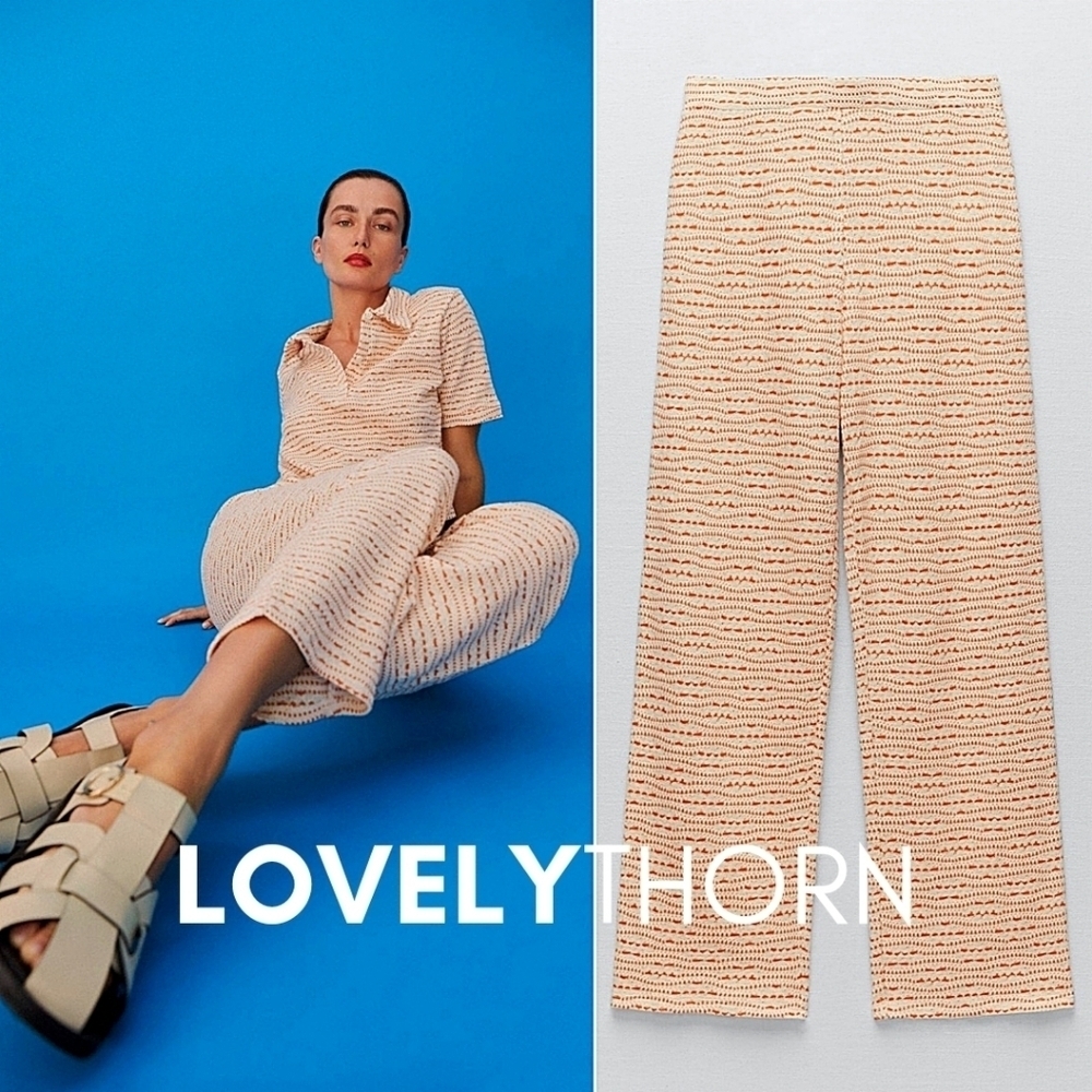 ZARA // cream & orange jacquard knit pull on straight leg pants